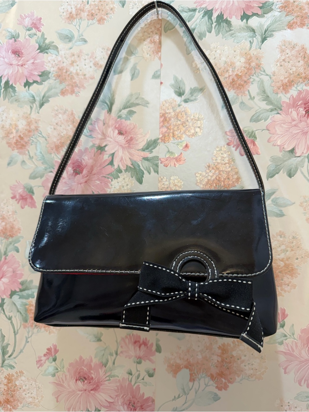 Y2K black Patent Shoulder Bag with Decorative Bow